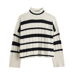 Cashmere Madewell Black and Cream Striped Turtleneck Sweater